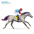 Jockey on horse. Champion. Horse racing. Hippodrome. Racetrack. Jump racetrack. Horse riding. Racing horse coming first