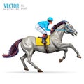 Jockey on horse. Champion. Horse racing. Hippodrome. Racetrack. Jump racetrack. Horse riding. Racing horse coming first