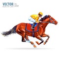 Jockey on horse. Champion. Horse racing. Hippodrome. Racetrack. Jump racetrack. Horse riding. Racing horse coming first Royalty Free Stock Photo