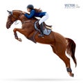 Jockey on horse. Champion. Horse riding. Equestrian sport. Jockey riding jumping horse. Poster. Sport background