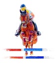 Jockey on horse. Horse Jumping. Equestrian Events. Show Jumping Competition. Watercolor painting illustration isolated Royalty Free Stock Photo