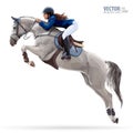 Jockey on horse. White Horse. Champion. Horse riding. Equestrian sport. Jockey riding jumping horse. Poster. Sport