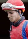 Jockey Jorge Vargas in deep thought after the race at Aqueduct Racetrack Royalty Free Stock Photo