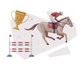 Jockey Jumping on Racing Horse Overcoming of Obstacles, Equestrian Sport Equipment Vector Illustration