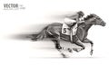 Jockey on racing horse. Champion. Hippodrome. Racetrack. Horse riding. Vector illustration. Derby. Speed. Blurred