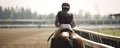 Jockey rides chestnut horse along racecourse track back view