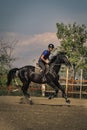 Jockey riding a fast thoroughbred horse Royalty Free Stock Photo