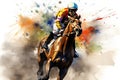 Jockey riding a horse on a racecourse. Colored watercolor splash. Abstract racing horse with jockey from splash of watercolors, AI