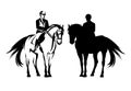 Jockey and standing horse black and white vector outline and silhouette