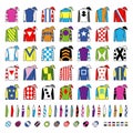 Jockey uniform. Traditional design. Jackets, silks, sleeves and hats. Horse riding. Horse racing. Icons set. Isolated on