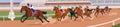 Jockeys competing on racehorses on racetrack. Equestrians, horse riders on hippodrome track, galloping on racecourse