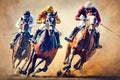 Jockeys during horse race on their horses running towards finish line, AI generated