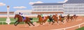 Jockeys riding horses on race track. Equestrians on racehorses competing on racetrack, running at fast speed on