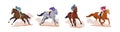 Jockeys riding race horses set. Equestrians horsemen sitting horseback, riding racehorses, running at fast speed