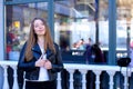 Jocund girl standing with glasses outside. Royalty Free Stock Photo