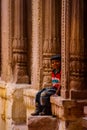 Jodhpur, India - August 20, 2009: little indian child plays in the columns of the mehrangarh fort in jodhpur, india