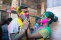 Jodhpur, rajastha, india - March 20, 2020: Happy Young indian couple celebrating holi festival, face smeared with colored