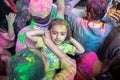 Jodhpur, rajastha, india - March 20, 2020: Portrait of cute little indian kid celebrating holi festival, closeup of face covered