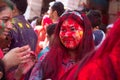 Jodhpur, rajastha, india - March 20, 2020: Young indian girl celebrating holi festival, face covered with colored