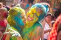 Jodhpur, rajastha, india - March 20, 2020: Young indian women celebrating holi festival, face smeared with colored