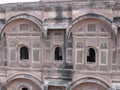 Latticed facade of Mehrangarh Fort in the blue city of Jodhpur, India