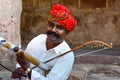 Jodhpur, Rajasthan, India, 2020. Closeup of Traditional Rajasthani sarangi player in his traditional dress and head gear turban Royalty Free Stock Photo