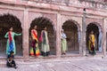 Jodhpur, Rajasthan, India - 19th October 2019 : Beautiful middle aged Rajasthani women posing wearing traditional colourful