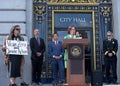 Jodi Medeiros from Walk SF speaking at a press conf to mark the 10 yr anniversary of the launch of Vision Zero and street safety