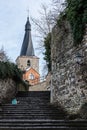 Jodoigne, Wallonia - Belgium - View over stairs of the church in old Town