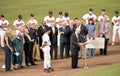 Joe DiMaggio addresses the crowd during Cal Ripken, Jr ceremony Royalty Free Stock Photo