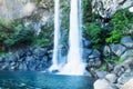 Joengbang waterfall long exposure with lens flare in Seogwipo, Jeju Island, South Korea