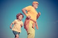 Jog and run marathon for family. Grandpa and child sportsmen jogging outdoors and enjoying sunny day. Grandpa and