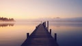 Joga at a wooden jetty or pier. Beautiful sunrise and fog in the far background. Quiet, relaxing atmosphere.