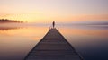 Joga at a wooden jetty or pier. Beautiful sunrise and fog in the far background. Quiet, relaxing atmosphere.