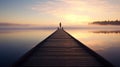 Joga at a wooden jetty or pier. Beautiful sunrise and fog in the far background. Quiet, relaxing atmosphere.