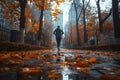 Jogger amidst autumn cityscape with fog Royalty Free Stock Photo