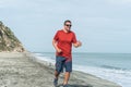 A jogger running along a beach with his dog Royalty Free Stock Photo