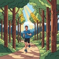 Is jogging along a winding path surrounded by tall, brown trees with Royalty Free Stock Photo