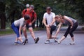 Jogging people group stretching