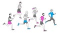 Jogging people. Runners group in motion. Running men and women sports background. People runner race, training to