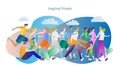 Jogging People Vector Illustration. Outside Fitness Sport Activity With Man, Woman, Girl, Boy And Trainer. Crowd Group Running.