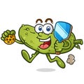 Happy jogging pickle cartoon holding a pickleball paddle and ball