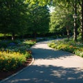 Jogging track in garden of public park among greenery trees, flower shrub and bush, black asfalt concrete walkway