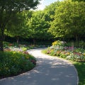 Jogging track in garden of public park among greenery trees, flower shrub and bush, black asfalt concrete walkway