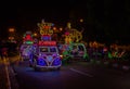 JOGJA, INDONESIA - AUGUST 12, 2O17: A traditional pedicap transport parket at outdoor with colorful and bright lights at