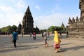 Tourists wander through the Hindu temple complex of Prambanan, near Jogyakarta Royalty Free Stock Photo