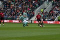 Johan Mjallby fouls Nicky for a penalty during the Liam Miller Tribute match