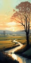 Johann Lane\'s Confluence - A Realistic Painting of a River Running Through a Field at Sunrise