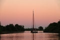 Sail ship at evening sunset on waters of Eernewoude in Friesland Royalty Free Stock Photo