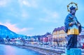 Johannes Nepomuk statue and the evening town, Bad Ischl, Salzkammergut, Austria